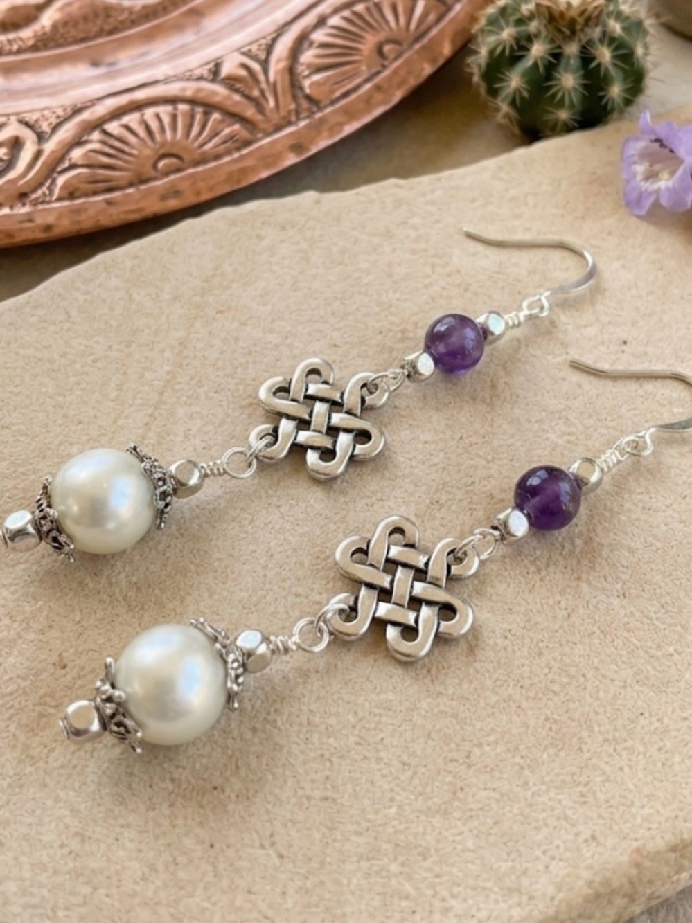 HAND CRAFTED Amethyst & White Pearl Eternity Knot Dangle Earrings 3” NWT